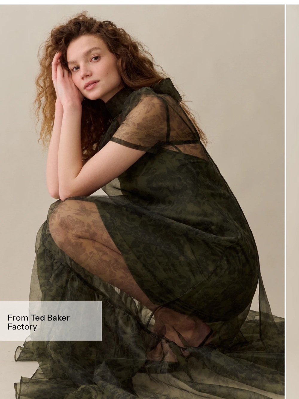 Few Moda OPT Melody Organza High Neck Formal dress with bow. Olive Floral Print